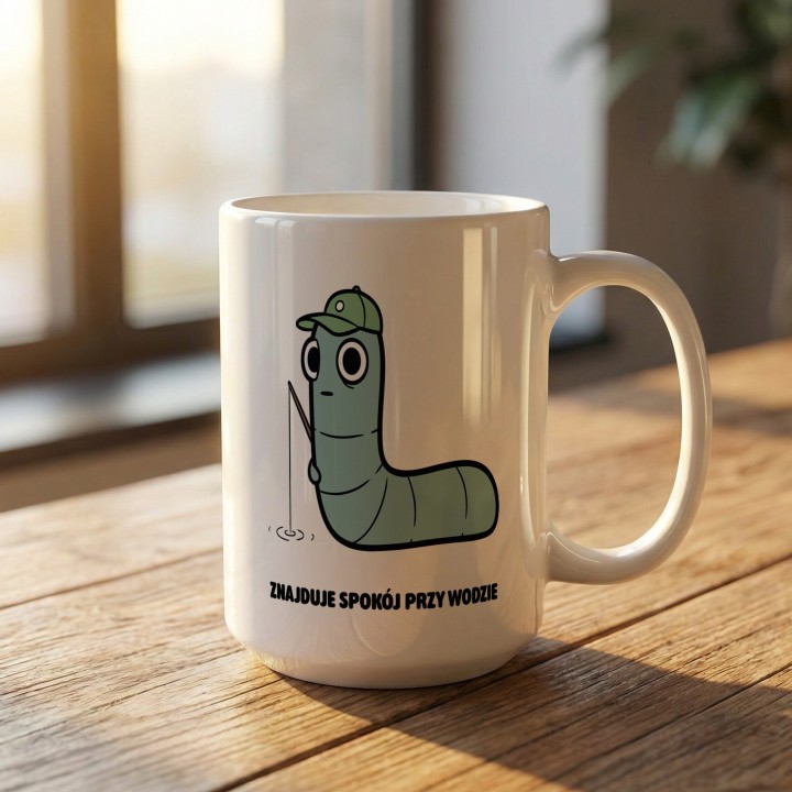 Kubek z nadrukiem Znajduje spokój przy wodzie | Typowy Robak dla wędkarza
