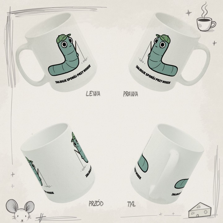 Kubek z nadrukiem Znajduje spokój przy wodzie | Typowy Robak dla wędkarza