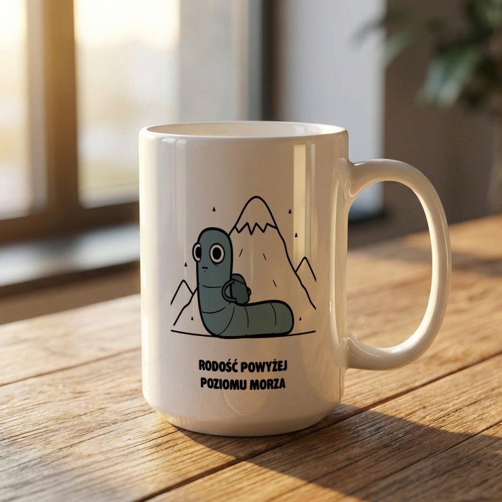 Kubek Radość powyżej poziomu morza | Prezent dla miłośnika gór Typowy Robak