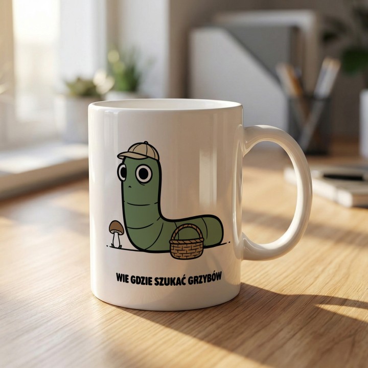 Kubek z nadrukiem Wie gdzie szukać grzybów | Typowy Robak dla grzybiarza