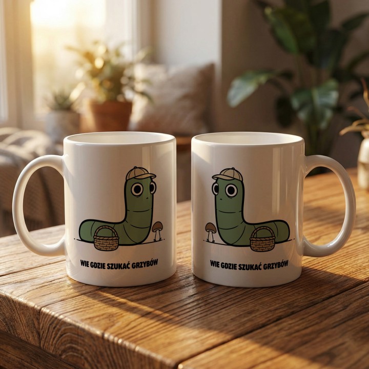 Kubek z nadrukiem Wie gdzie szukać grzybów | Typowy Robak dla grzybiarza