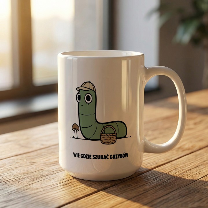 Kubek z nadrukiem Wie gdzie szukać grzybów | Typowy Robak dla grzybiarza