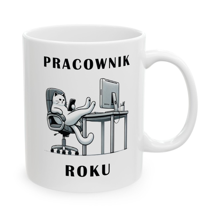 Kubek Pracownik Roku z kotem – ironiczny prezent dla pracowników biurowych i zdalnych