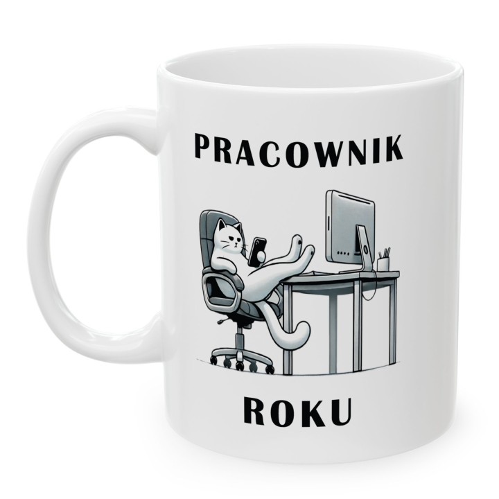 Kubek Pracownik Roku z kotem – ironiczny prezent dla pracowników biurowych i zdalnych
