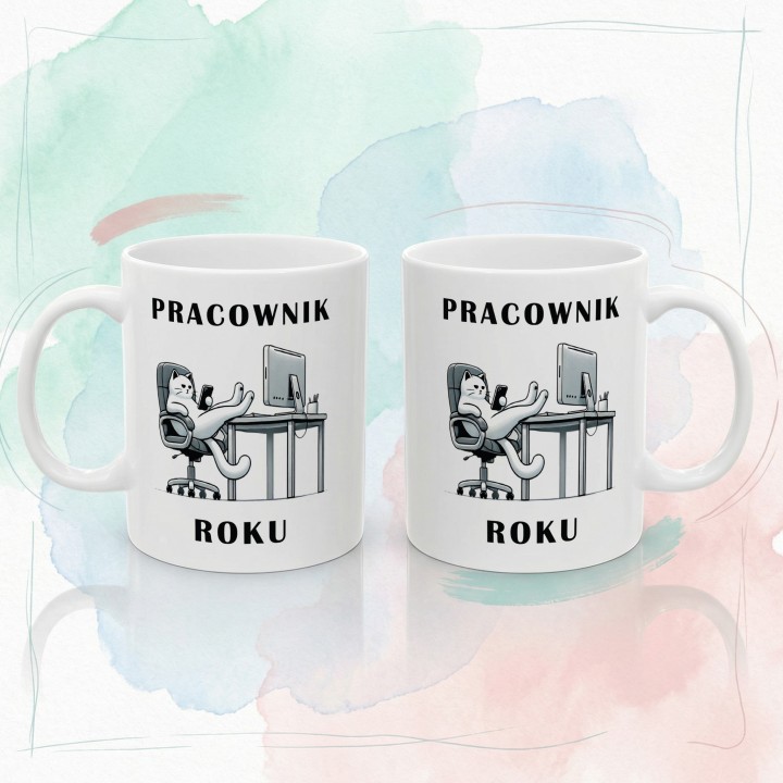 Kubek Pracownik Roku z kotem – ironiczny prezent dla pracowników biurowych i zdalnych