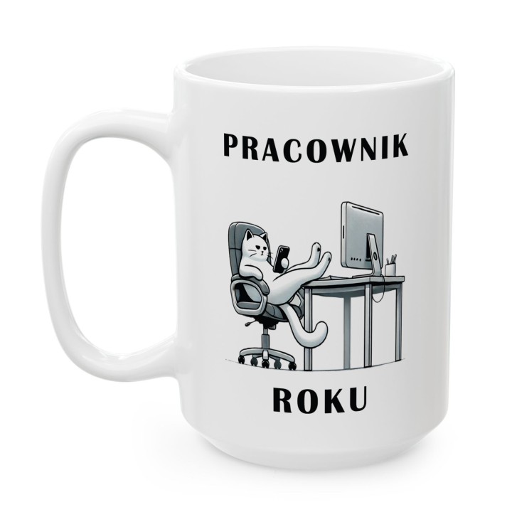 Kubek Pracownik Roku z kotem – ironiczny prezent dla pracowników biurowych i zdalnych