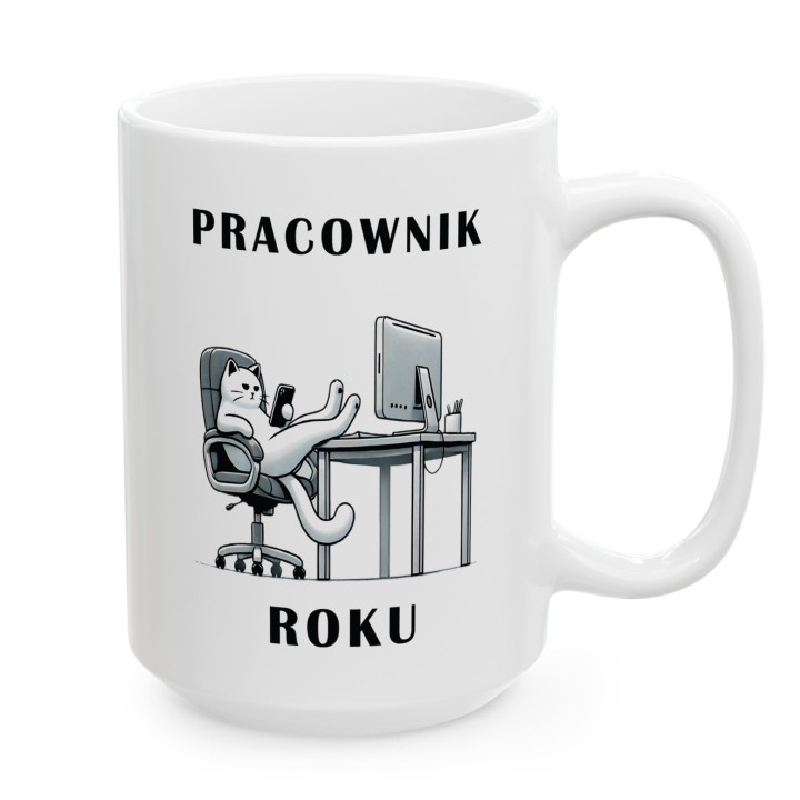 Kubek Pracownik Roku z kotem – ironiczny prezent dla pracowników biurowych i zdalnych