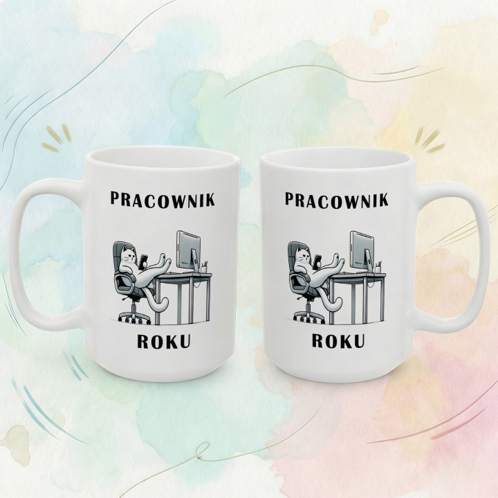 Kubek Pracownik Roku z kotem – ironiczny prezent dla pracowników biurowych i zdalnych