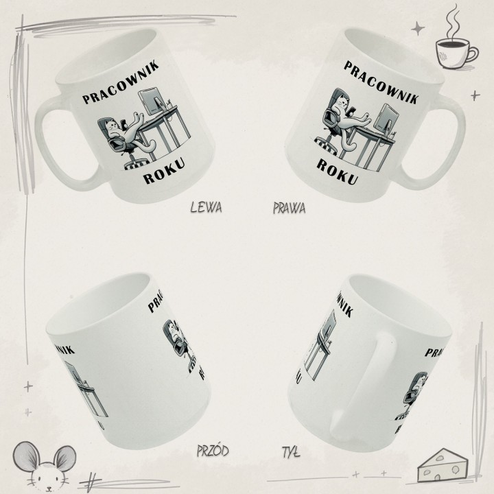 Kubek Pracownik Roku z kotem – ironiczny prezent dla pracowników biurowych i zdalnych