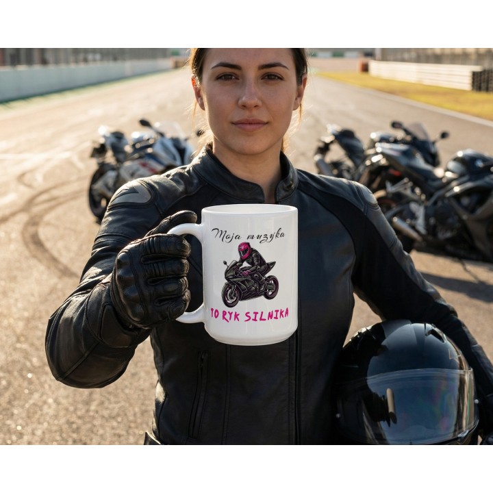 Kubek dla motocyklistki Moja muzyka to ryk silnika – Prezent na motor