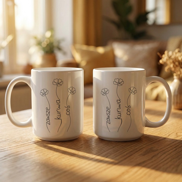 Kubek z nadrukiem Zawsze Kurwa Coś minimalistyczny kwiaty line-art