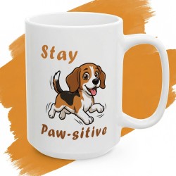 Kubek z nadrukiem Stay Paw-sitive – beagle z motywacyjną grą słów dla miłośników psów