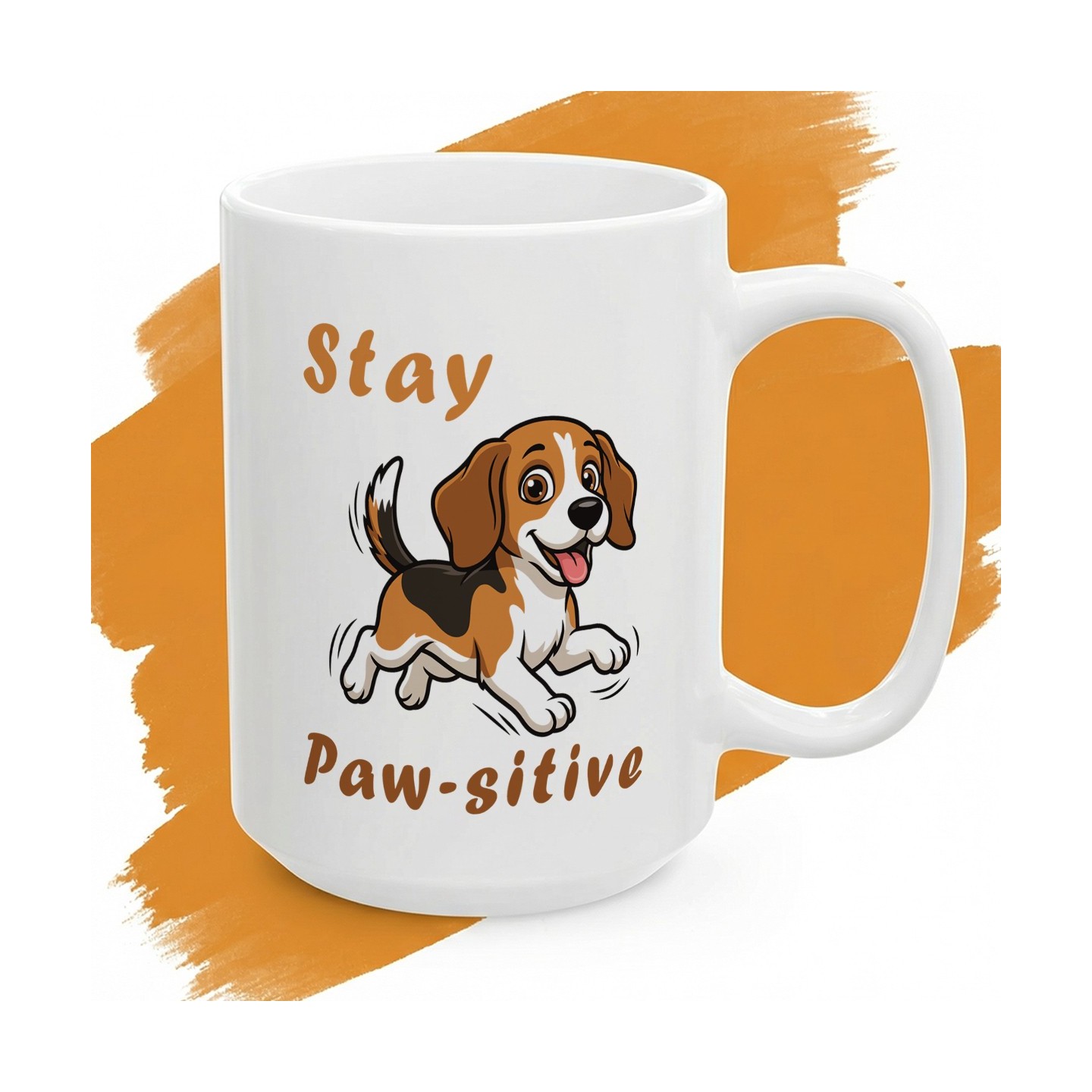 Kubek z nadrukiem Stay Paw-sitive – beagle z motywacyjną grą słów dla miłośników psów