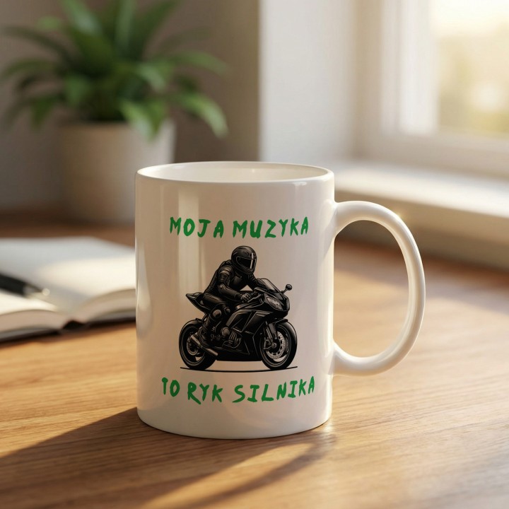Kubek z nadrukiem Moja muzyka to ryk silnika – Prezent dla motocyklisty