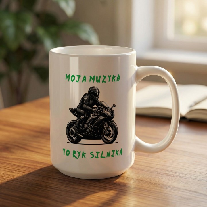 Kubek z nadrukiem Moja muzyka to ryk silnika – Prezent dla motocyklisty