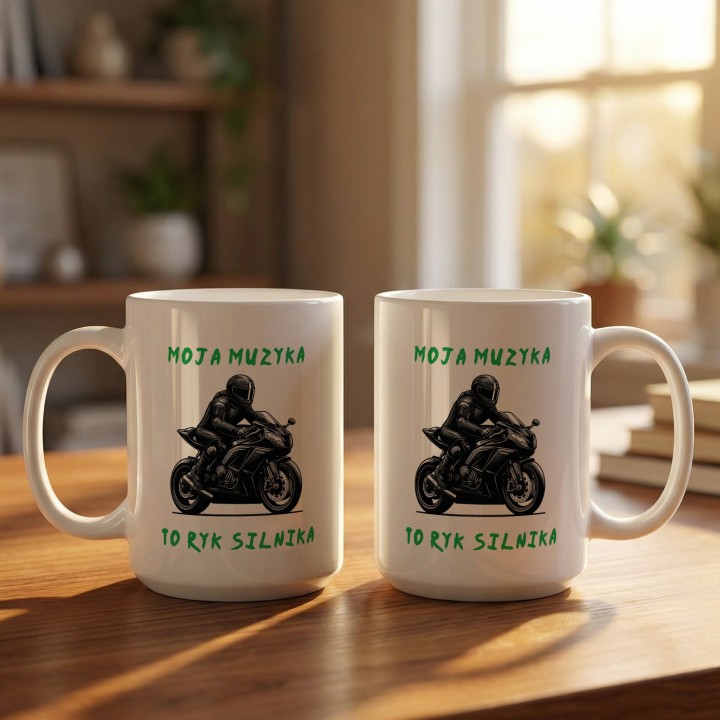Kubek z nadrukiem Moja muzyka to ryk silnika – Prezent dla motocyklisty
