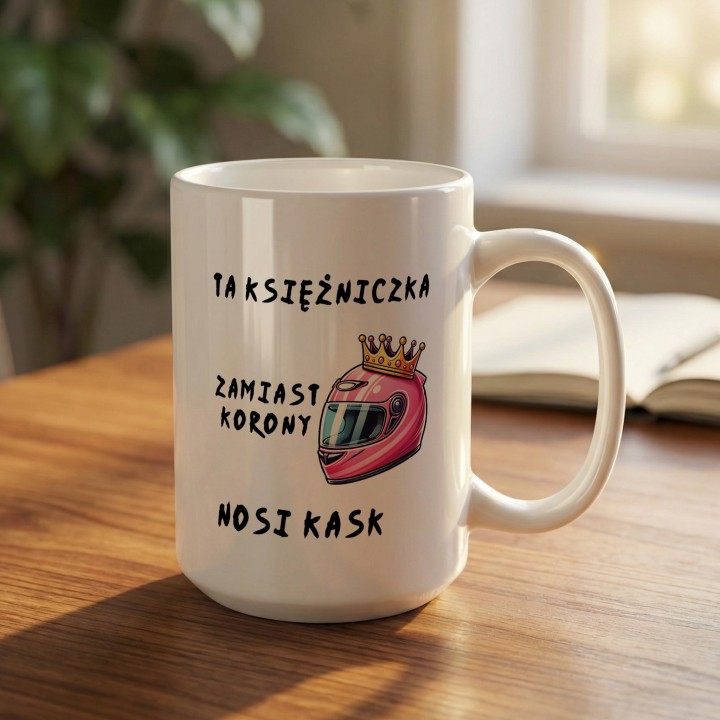 Kubek “TA KSIĘŻNICZKA ZAMIAST KORONY NOSI KASK” – różowy kask i korona