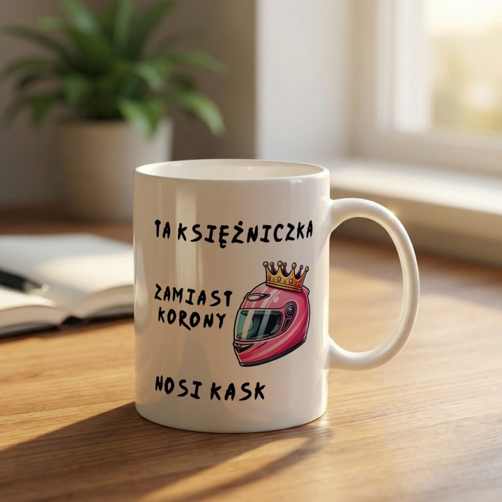 Kubek “TA KSIĘŻNICZKA ZAMIAST KORONY NOSI KASK” – różowy kask i korona
