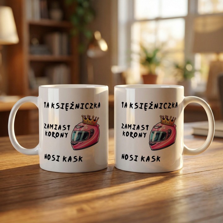 Kubek “TA KSIĘŻNICZKA ZAMIAST KORONY NOSI KASK” – różowy kask i korona