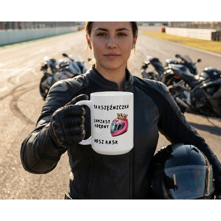 Kubek “TA KSIĘŻNICZKA ZAMIAST KORONY NOSI KASK” – różowy kask i korona