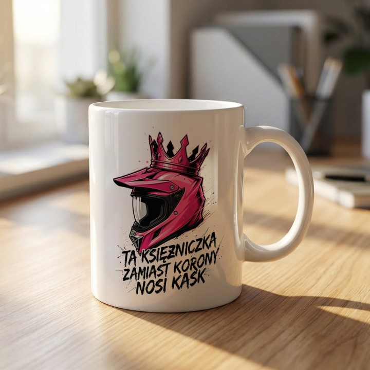 Kubek Ta księżniczka nosi kask – prezent dla kobiet jeżdżących na enduro motocross offroad