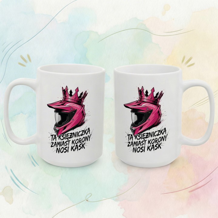 Kubek Ta księżniczka nosi kask – prezent dla kobiet jeżdżących na enduro motocross offroad