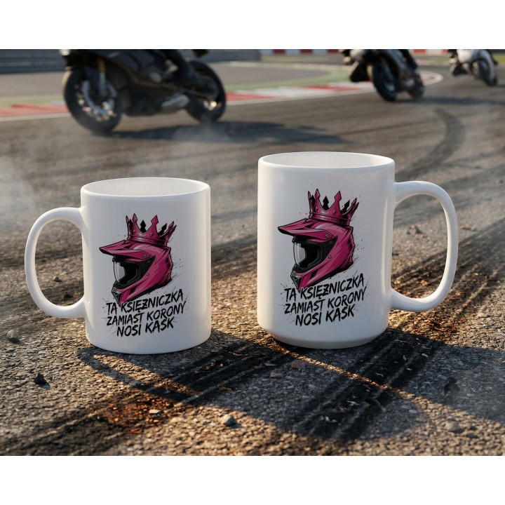 Kubek Ta księżniczka nosi kask – prezent dla kobiet jeżdżących na enduro motocross offroad