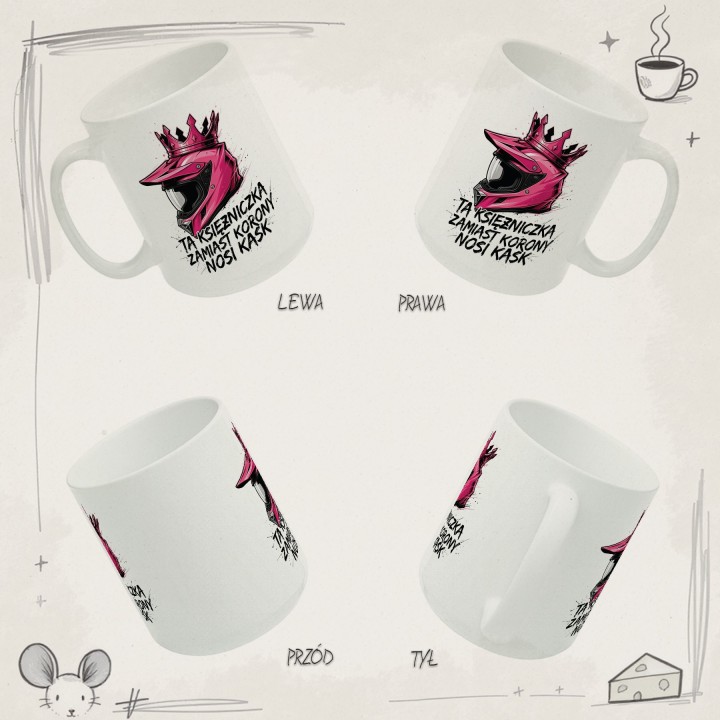 Kubek Ta księżniczka nosi kask – prezent dla kobiet jeżdżących na enduro motocross offroad