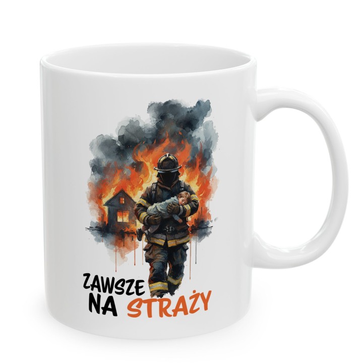 Kubek z nadrukiem Zawsze na straży – prezent dla strażaka OSP i PSP, grafika strażak w ogniu