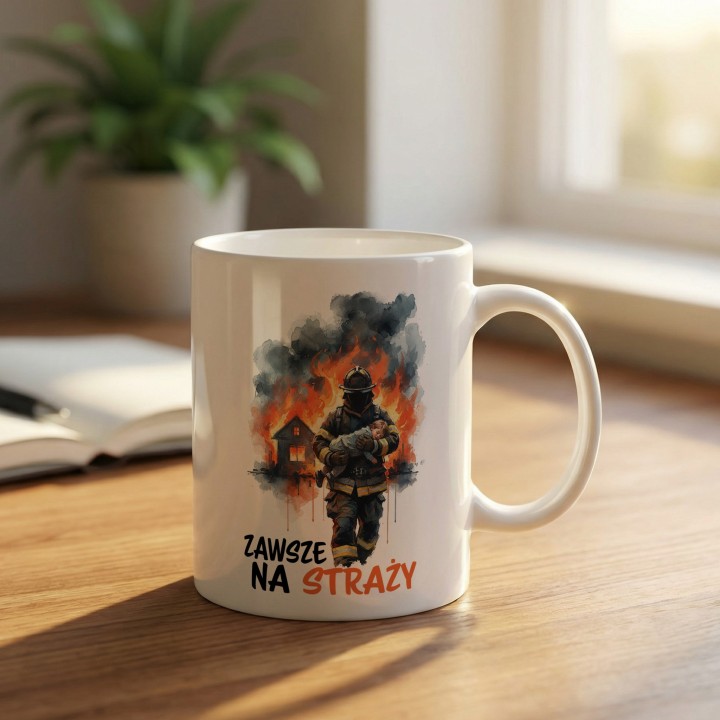 Kubek z nadrukiem Zawsze na straży – prezent dla strażaka OSP i PSP, grafika strażak w ogniu