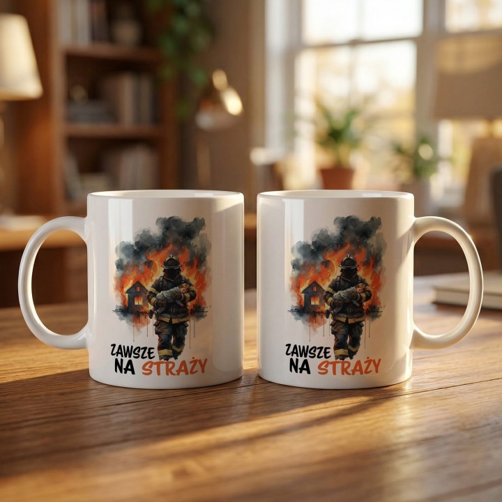 Kubek z nadrukiem Zawsze na straży – prezent dla strażaka OSP i PSP, grafika strażak w ogniu