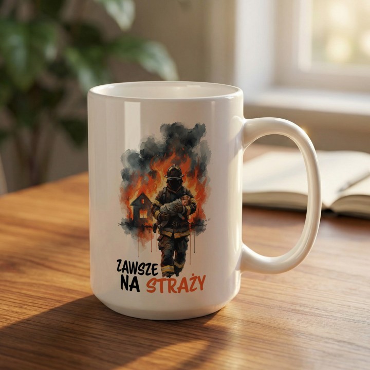 Kubek z nadrukiem Zawsze na straży – prezent dla strażaka OSP i PSP, grafika strażak w ogniu