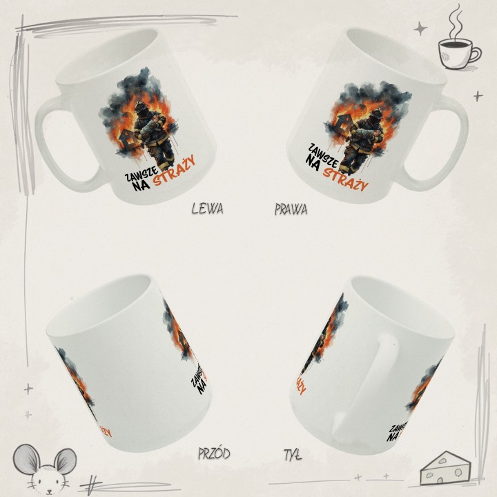 Kubek z nadrukiem Zawsze na straży – prezent dla strażaka OSP i PSP, grafika strażak w ogniu