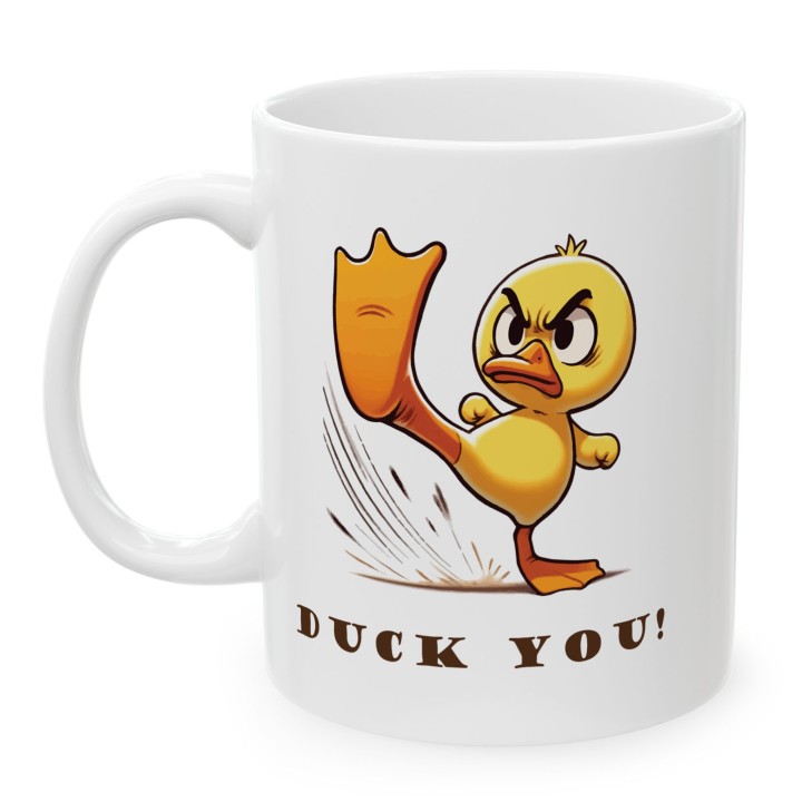 Kubek z kaczka Duck You – zabawny prezent z napisem i grafika karate