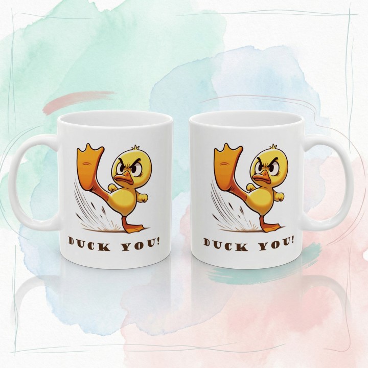 Kubek z kaczka Duck You – zabawny prezent z napisem i grafika karate