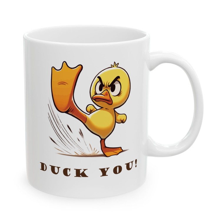 Kubek z kaczka Duck You – zabawny prezent z napisem i grafika karate