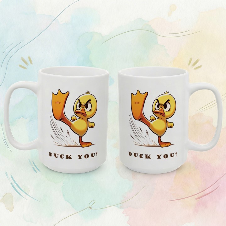 Kubek z kaczka Duck You – zabawny prezent z napisem i grafika karate