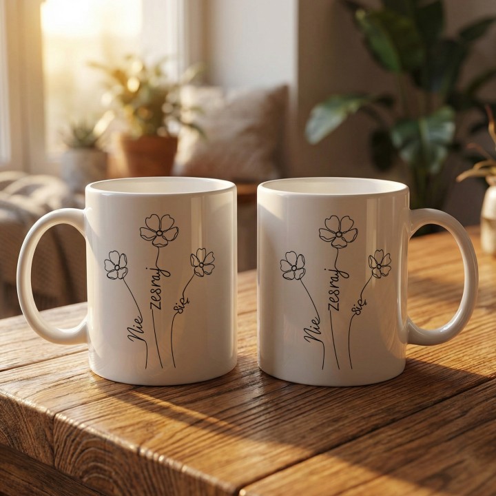 Kubek z nadrukiem Nie zesraj się minimalistyczny ukryty napis w kwiatach