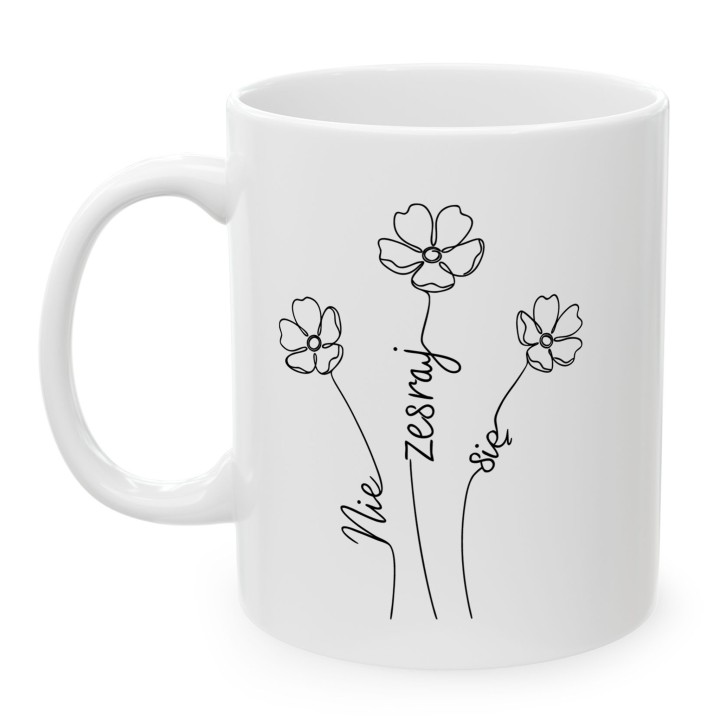 Kubek z nadrukiem Nie zesraj się minimalistyczny ukryty napis w kwiatach