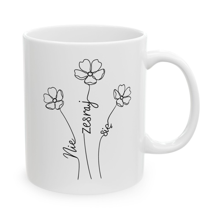 Kubek z nadrukiem Nie zesraj się minimalistyczny ukryty napis w kwiatach