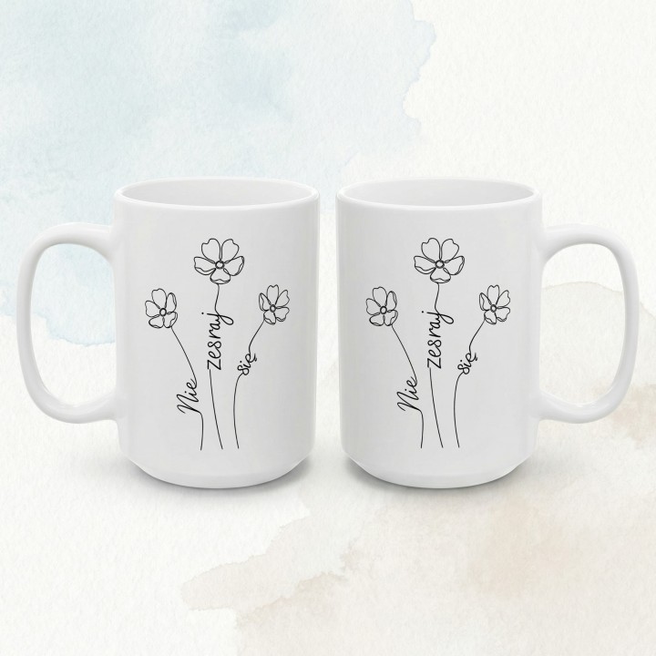 Kubek z nadrukiem Nie zesraj się minimalistyczny ukryty napis w kwiatach