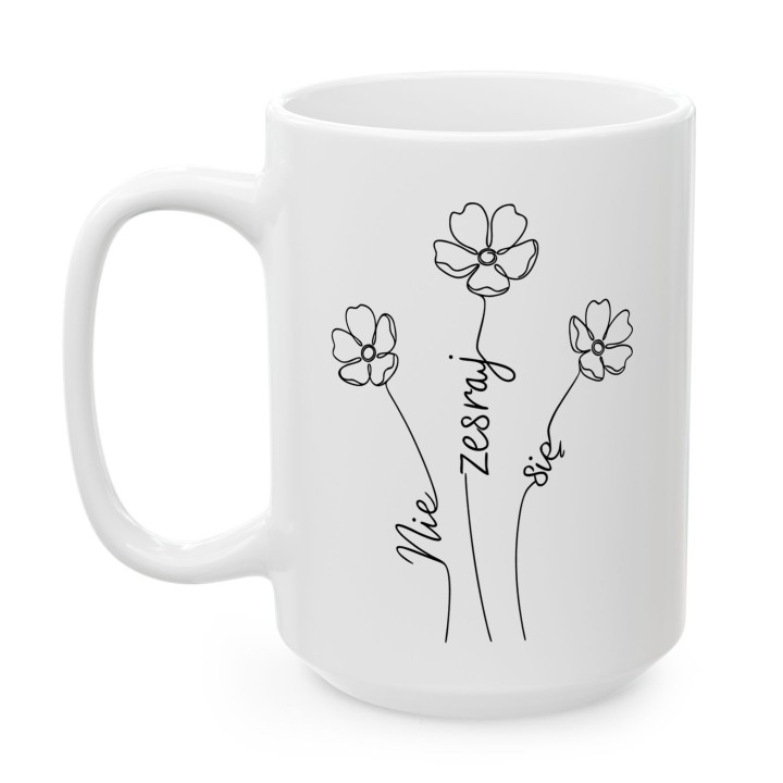 Kubek z nadrukiem Nie zesraj się minimalistyczny ukryty napis w kwiatach