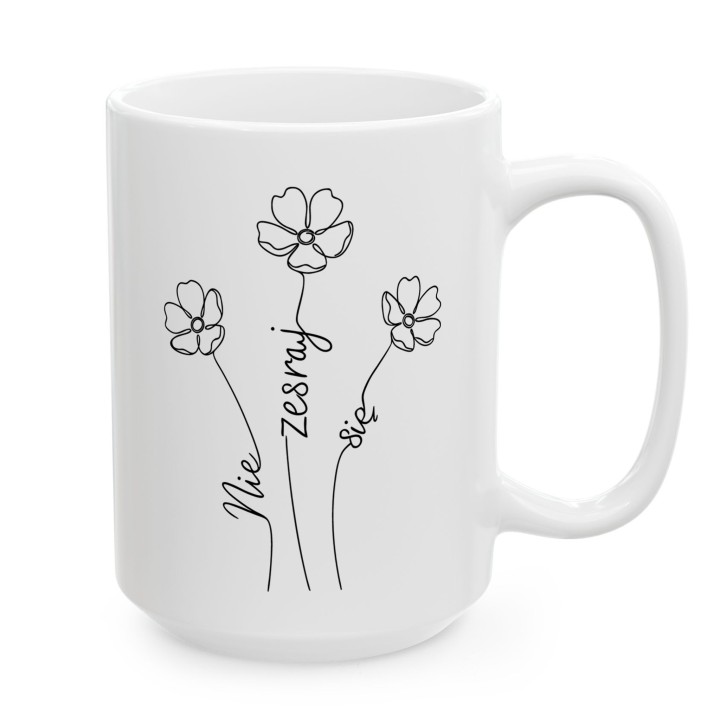 Kubek z nadrukiem Nie zesraj się minimalistyczny ukryty napis w kwiatach