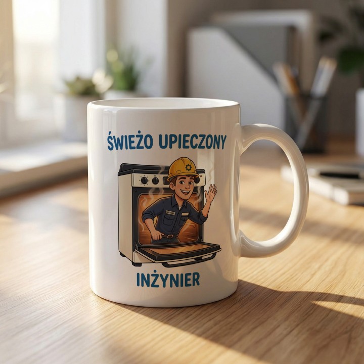 Kubek Świeżo Upieczony Inżynier - Śmieszny prezent dla inżyniera na obronę