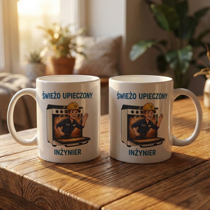 Kubek Świeżo Upieczony Inżynier - Śmieszny prezent dla inżyniera na obronę