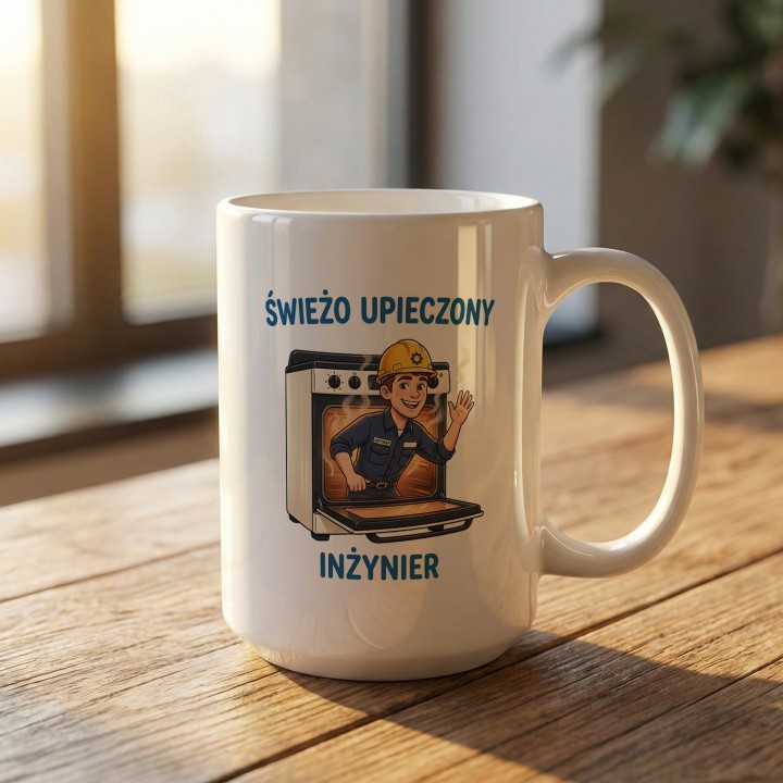 Kubek Świeżo Upieczony Inżynier - Śmieszny prezent dla inżyniera na obronę