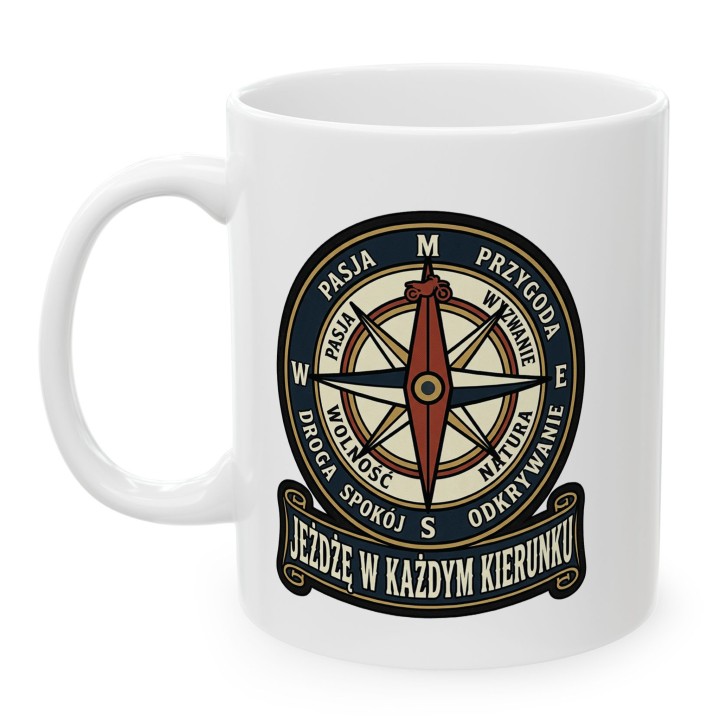Kubek Motocyklowy Jeżdżę w Każdym Kierunku | Prezent dla Motocyklisty Podróżnika