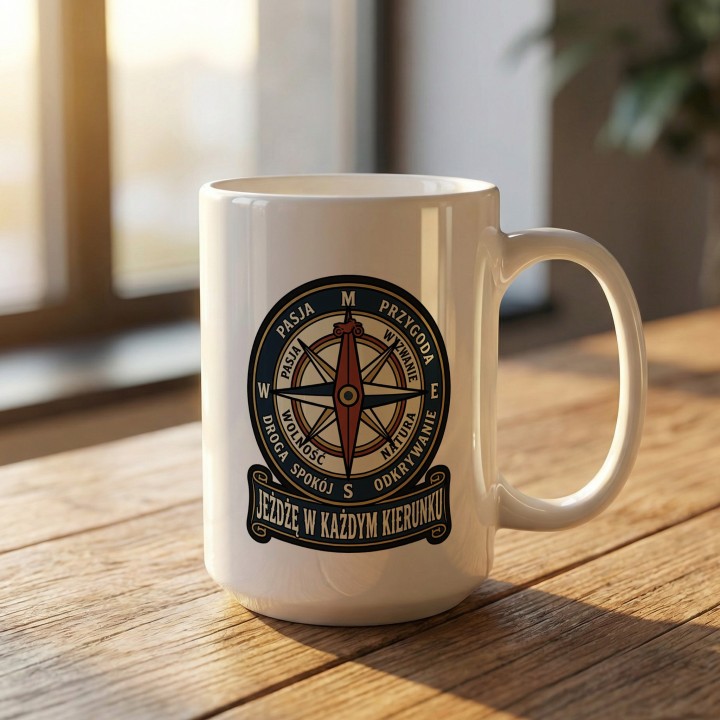 Kubek Motocyklowy Jeżdżę w Każdym Kierunku | Prezent dla Motocyklisty Podróżnika
