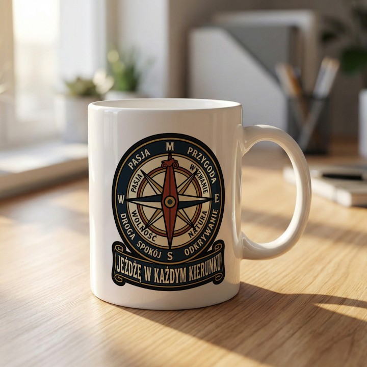 Kubek Motocyklowy Jeżdżę w Każdym Kierunku | Prezent dla Motocyklisty Podróżnika
