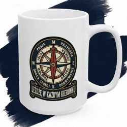 Kubek z nadrukiem Jeżdżę w każdym kierunku – vintage kompas dla wolnego strzelca na dwóch kołach